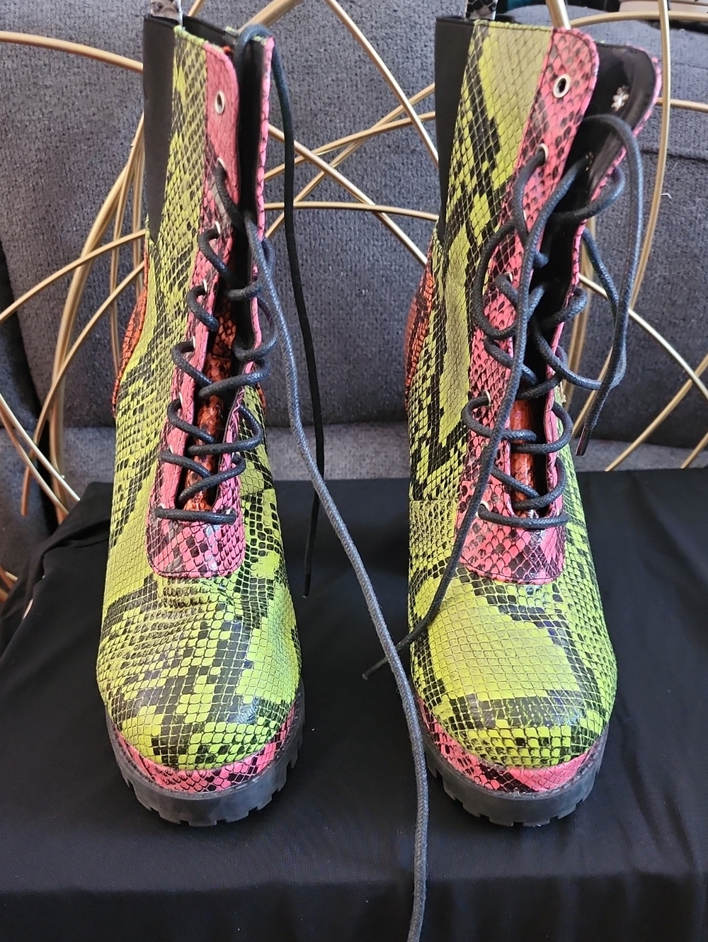 Women’s Snake-Print Lace-Up Platform Boots — Pink & Neon Green